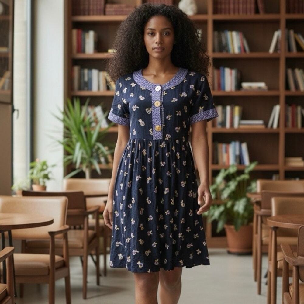 Vintage 1990s Dressing Clio Dress Dark blue with unique bee print size Small